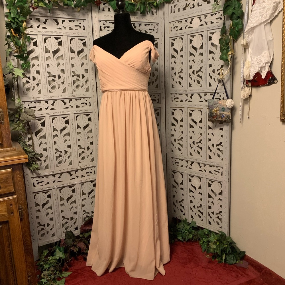 IEFIEL BEAUTIFUL GOLD BEIGE CHIFFON STYLE SLEEVELESS LONG FORMAL DRESS